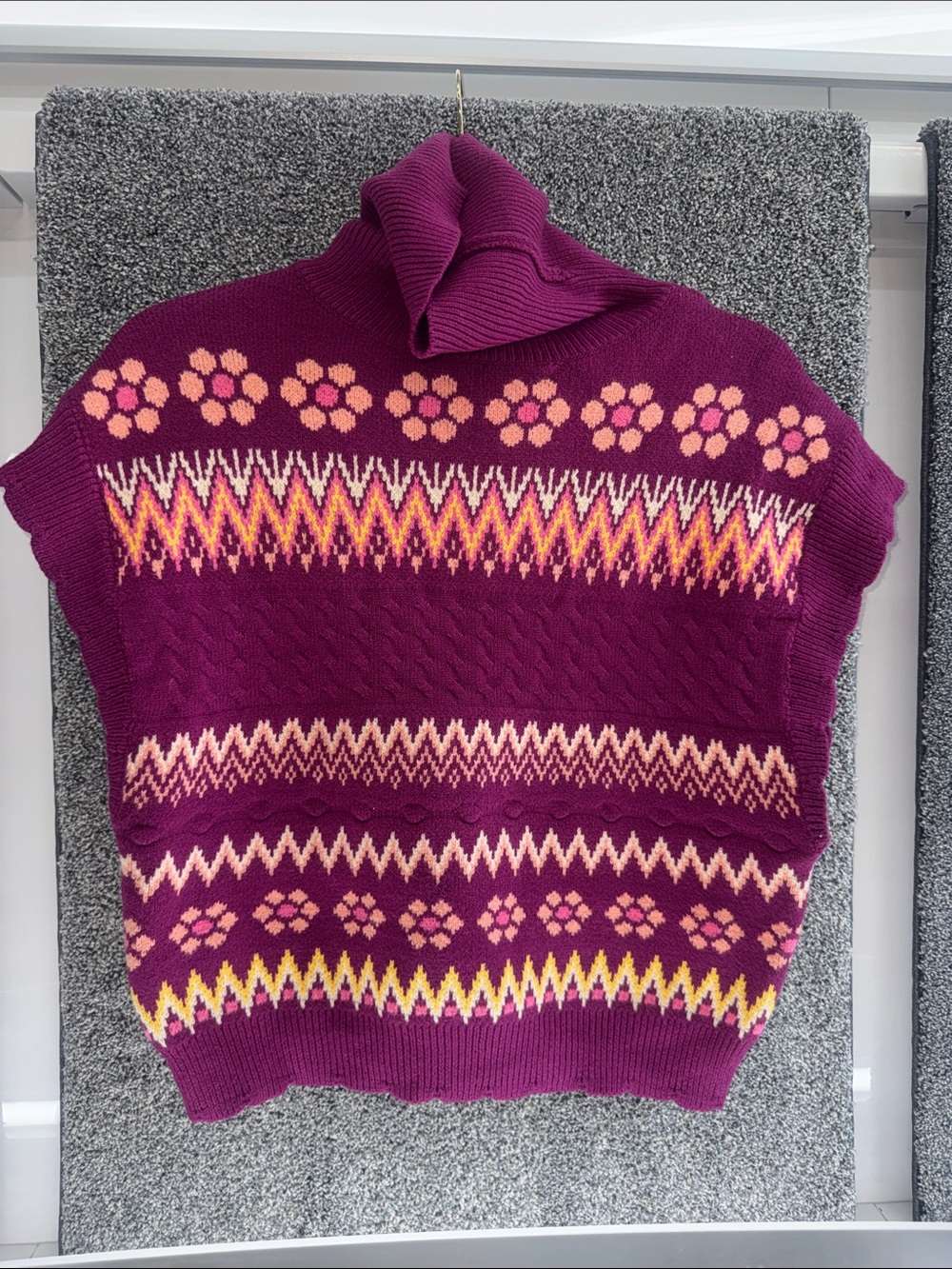 Turtleneck Cable-Knit Sweater Vest in Purple with Pink Accents